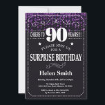 Paarse Glitter Surprise 90ste verjaardag Kaart<br><div class="desc">Paarse Glitter Surprise 90ste verjaardag. Witte typografie. Zwart-wit schoolbord achtergrond. Verjaardag voor volwassenen. Verjaardag van Mannen of vrouwen. Kinder jongen of meisje dame tiener Bday Nodig uit. 13e 15e 16e 18e 20e 21e 30e 40e 50e 60e 70e 80e 90e 100e. Elke leeftijd. Voor verdere aanpassing klikt u op de knop...</div>