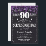 Paarse Glitter Surprise 90ste verjaardag Kaart<br><div class="desc">Paarse Glitter Surprise 90ste verjaardag. Witte typografie. Zwart-wit schoolbord achtergrond. Verjaardag voor volwassenen. Verjaardag van Mannen of vrouwen. Kinder jongen of meisje dame tiener Bday Nodig uit. 13e 15e 16e 18e 20e 21e 30e 40e 50e 60e 70e 80e 90e 100e. Elke leeftijd. Voor verdere aanpassing klikt u op de knop...</div>