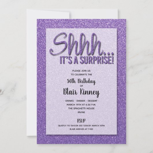 Paarse Glitter SURPRISE Birthday Invitations (Voorkant)