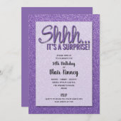 Paarse Glitter SURPRISE Birthday Invitations (Voorkant / Achterkant)