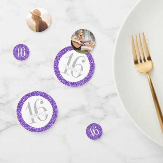 Paarse Glitter Sweet 16 Aangepaste Foto Big Table Confetti (Groep)