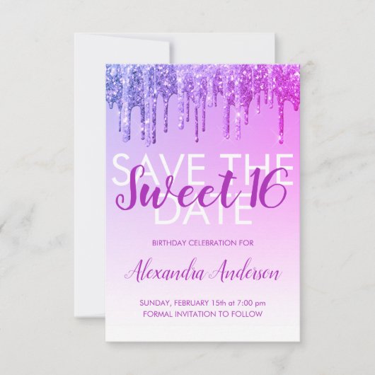 Paarse Glitter Sweet 16 Bewaar de datum Kaart (Voorkant)