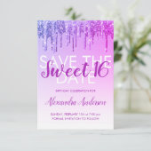 Paarse Glitter Sweet 16 Bewaar de datum Kaart (Staand voorkant)