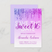 Paarse Glitter Sweet 16 Bewaar de datum Kaart (Voorkant / Achterkant)