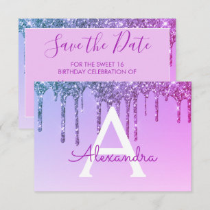 Paarse Glitter Sweet 16 Bewaar de datum Kaart