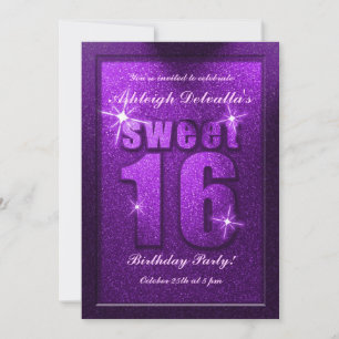 Paarse Glitter Sweet 16 Birthday Party Invitation Kaart