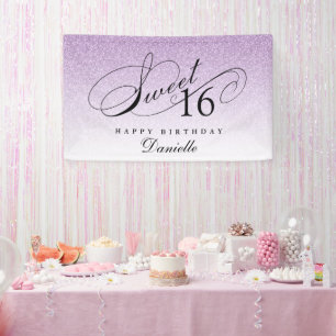 Paarse Glitter Sweet 16 Gepersonaliseerde Verjaard Spandoek