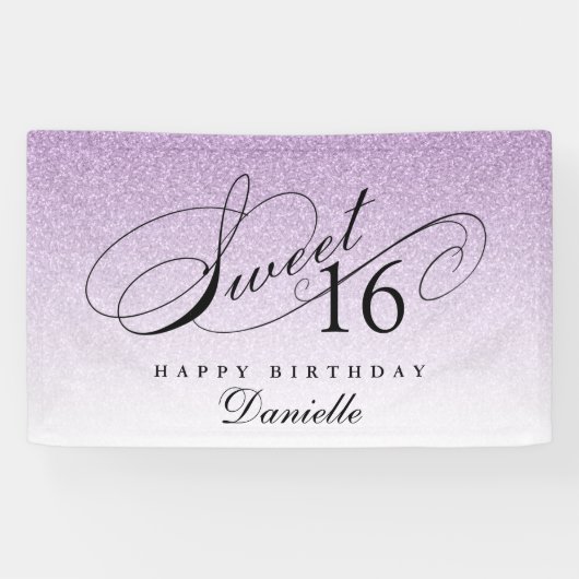 Paarse Glitter Sweet 16 Gepersonaliseerde Verjaard Spandoek (Horizontaal)