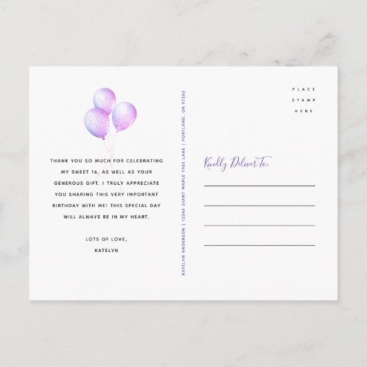 Paarse Glitter Sweet 16-jarige ballon Dank je wel Briefkaart (Achterkant)
