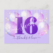 Paarse Glitter Sweet 16-jarige ballon Dank je wel Briefkaart (Voorkant)