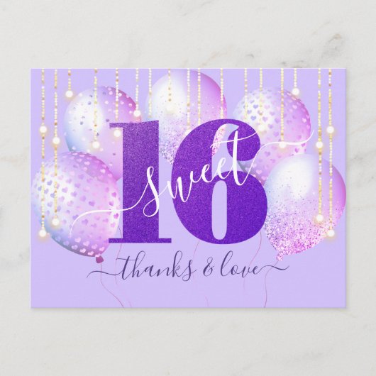 Paarse Glitter Sweet 16-jarige ballon Dank je wel Briefkaart (Voorkant)