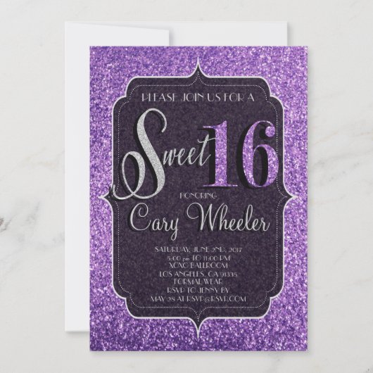 Paarse Glitter Sweet 16 uitnodiging van afgelopen  (Voorkant)