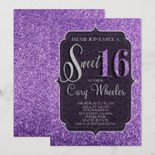 Paarse Glitter Sweet 16 uitnodiging van afgelopen  (Voorkant / Achterkant)