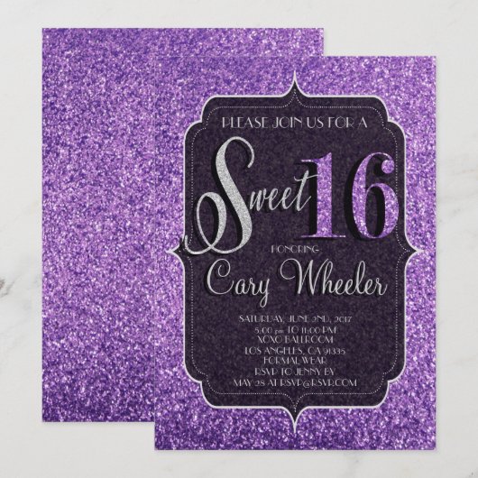 Paarse Glitter Sweet 16 uitnodiging van afgelopen  (Voorkant / Achterkant)