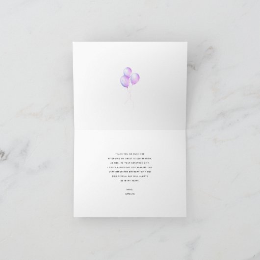 Paarse Glitter Sweet 16 Verjaardag Ballon Girly Bedankkaart (Binnen)