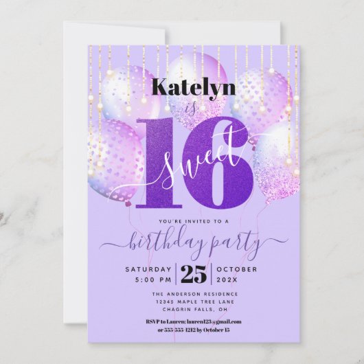 Paarse Glitter Sweet 16 Verjaardag Girly Balloons Kaart (Voorkant)