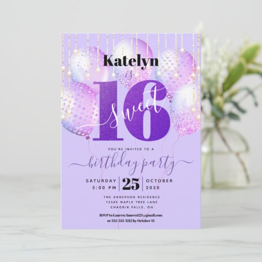 Paarse Glitter Sweet 16 Verjaardag Girly Balloons Kaart (Staand voorkant)