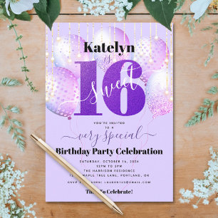 Paarse Glitter Sweet 16 Verjaardagsballonnen Moder Kaart