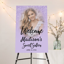 Paarse Glitter Sweet 16 Welkomstbord met foto