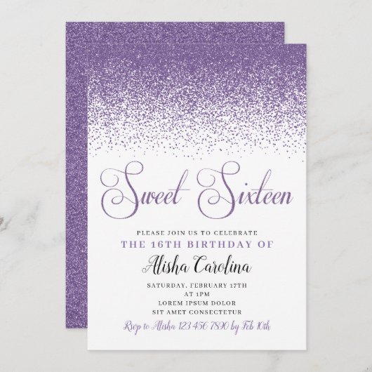 Paarse Glitter Sweet Sixteen Birthday Uitnodiging (Voorkant / Achterkant)