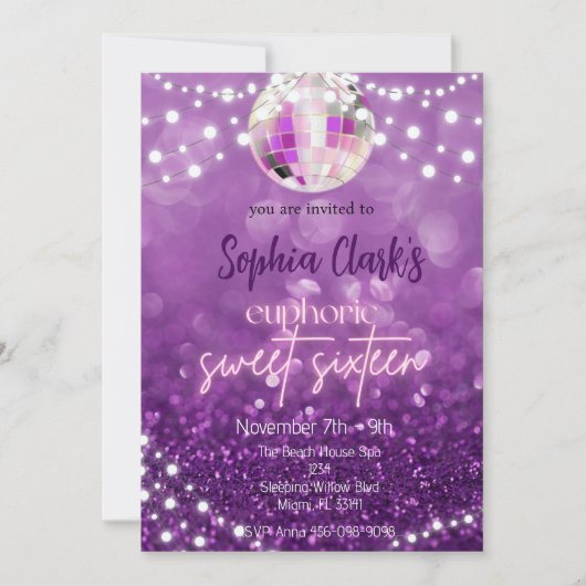 Paarse Glitter Sweet Sixteen Euphoria Uitnodiging  (Voorkant)