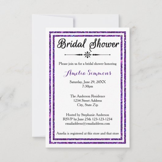 Paarse Glitter Trim - 3x5 Bridal Shower Invitation Kaart (Voorkant)