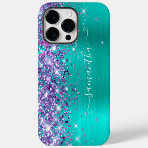 Paarse Glitter Turquoise Glam Meisjesachtige Handt iPhone 14 Pro Max Hoesje