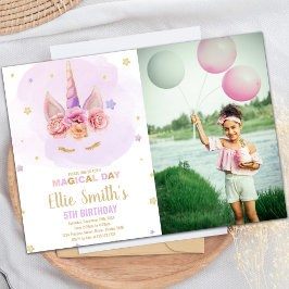 Paarse Glitter Unicorn Birthday-uitnodiging Foto Kaart
