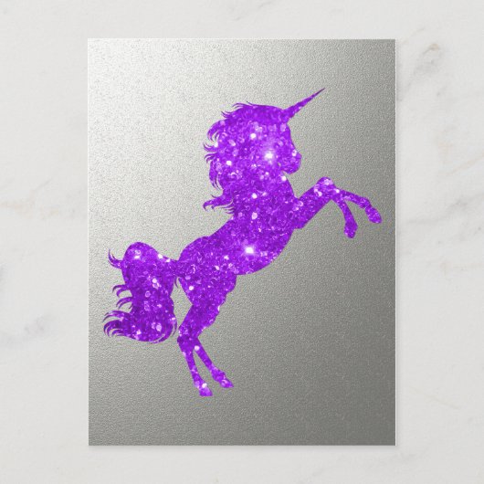 Paarse Glitter Unicorn en Metallic Silver Feestdagenkaart (Voorkant)
