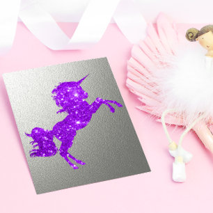 Paarse Glitter Unicorn en Metallic Silver Feestdagenkaart