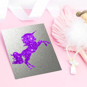 Paarse Glitter Unicorn en Metallic Silver Feestdagenkaart