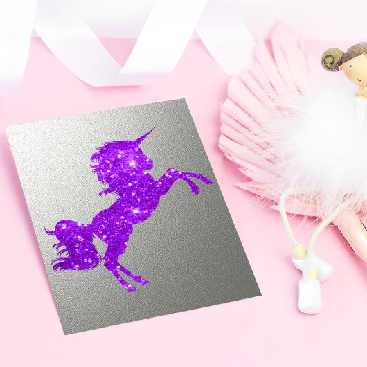 Paarse Glitter Unicorn en Metallic Silver Feestdagenkaart