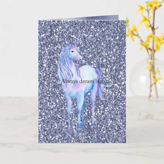 Paarse Glitter Unicorn Kaart (Gele Bloem)