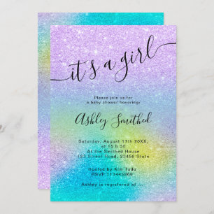 Paarse glitter unicorn ombre script baby shower kaart