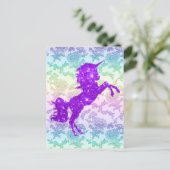 Paarse Glitter Unicorn op regenboogzijde Feestdagenkaart (Staand voorkant)