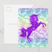 Paarse Glitter Unicorn op regenboogzijde Feestdagenkaart (Voorkant / Achterkant)