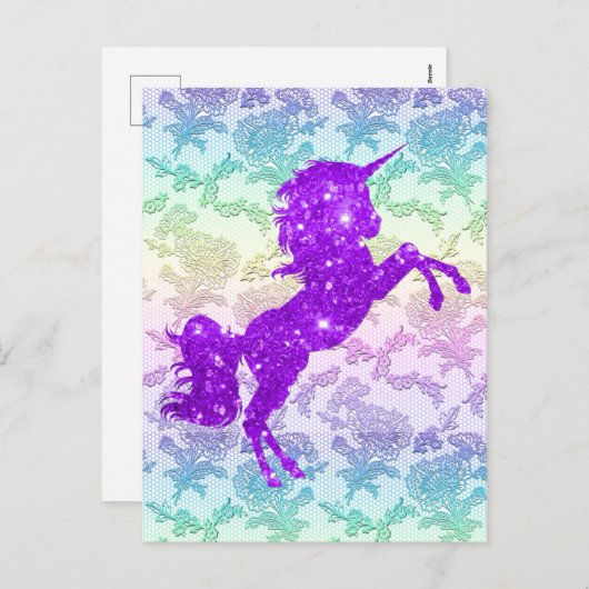 Paarse Glitter Unicorn op regenboogzijde Feestdagenkaart (Voorkant / Achterkant)