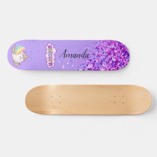 Paarse glitter unicorn persoonlijk skateboard (Horizontaal)