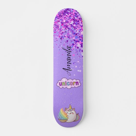 Paarse glitter unicorn persoonlijk skateboard (Voorkant)