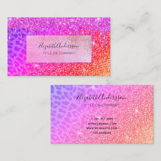 Paarse glitter van luipaard druipt gouden druppels visitekaartje (Voorkant / Achterkant)