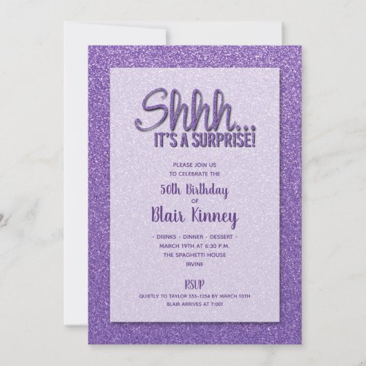 Paarse Glitter VERRASSING Verjaardag Kaart (Voorkant)