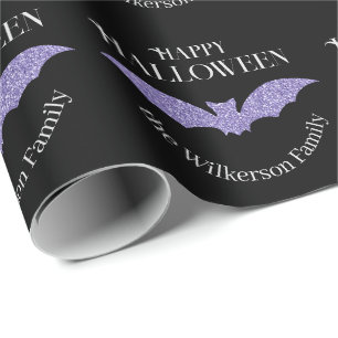 Paarse Glitter Vleermuis Gelukkig Halloween Cadeaupapier