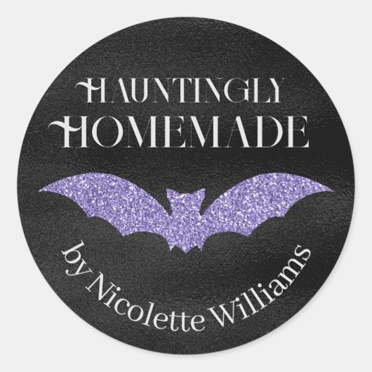 Paarse glitter vleermuis zelfgemaakte halloween ronde sticker (Voorkant)