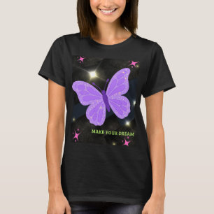 Paarse Glitter Vlinder Maak Je Droom Motivatie T-shirt