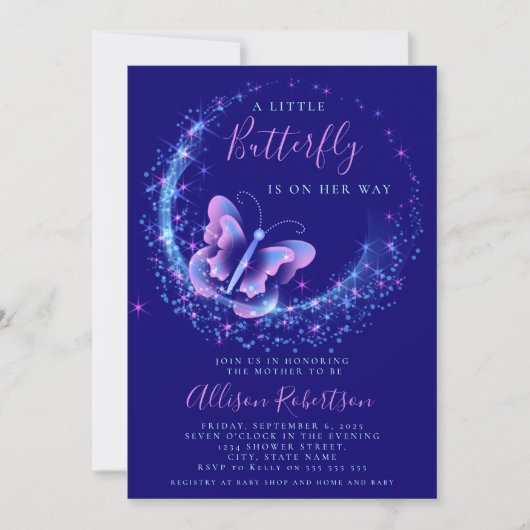 Paarse Glitter Vlinder Meisje Baby Shower Kaart (Voorkant)