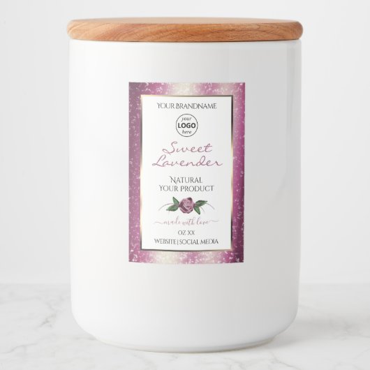 Paarse Glitter White Floral Product Labels Logo Voedselcontainer Etiket (Voorkant)