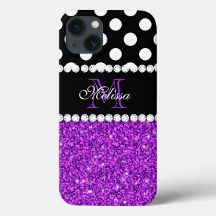 Paarse Glitter White Polka Dots Monogramed Case-Mate iPhone Case