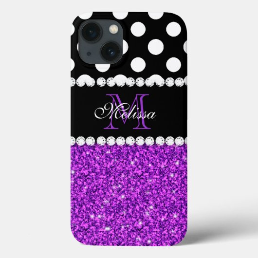 Paarse Glitter White Polka Dots Monogramed Case-Mate iPhone Case (Achterkant)