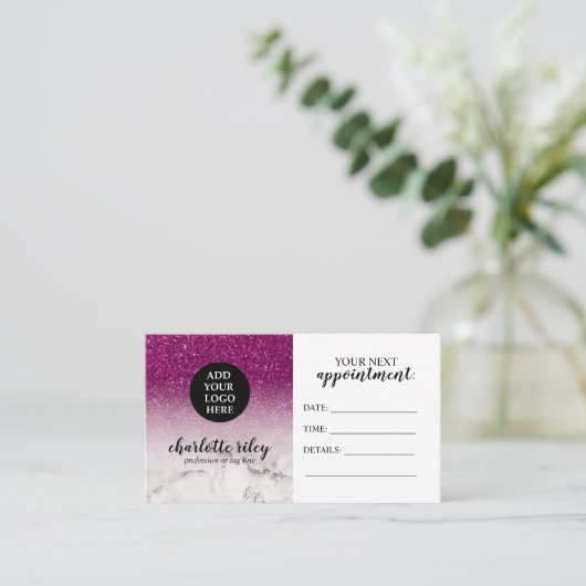 Paarse Glitter witte Marmer Cursief Voeg uw Logo t Visitekaartje (Staand voorkant)