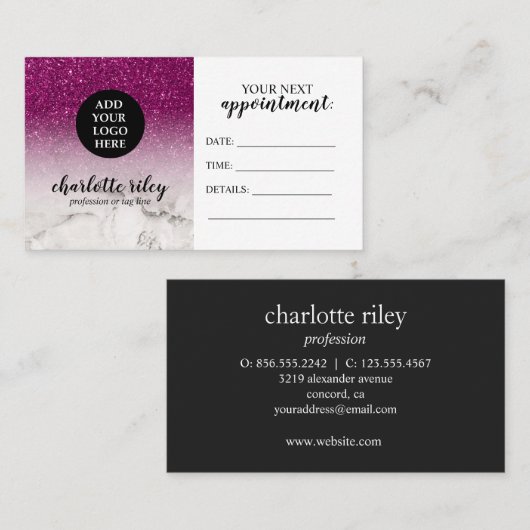 Paarse Glitter witte Marmer Cursief Voeg uw Logo t Visitekaartje (Voorkant / Achterkant)